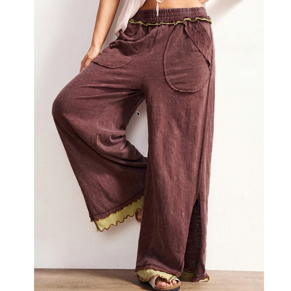 BellanBlue Wide-Leg Pull-On Pants in Dusty Plum with Olive Trim